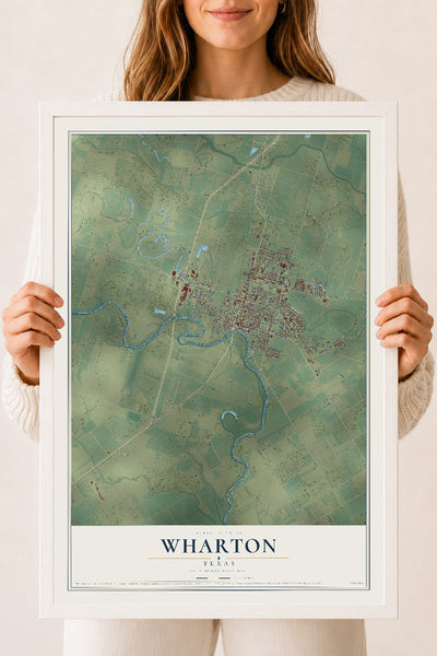 Map of Wharton, Texas, 18 x 24 inch print in a white wood frame