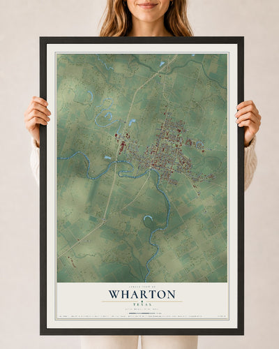 Map of Wharton, Texas, 24 x 36 inch print in a black wood frame
