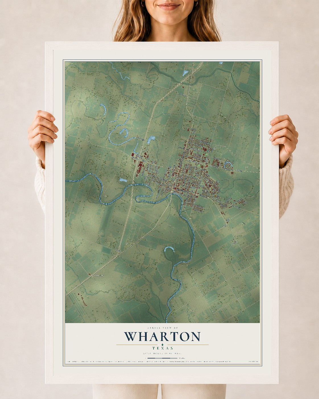 Map of Wharton, Texas, 24 x 36 inch print in a white wood frame