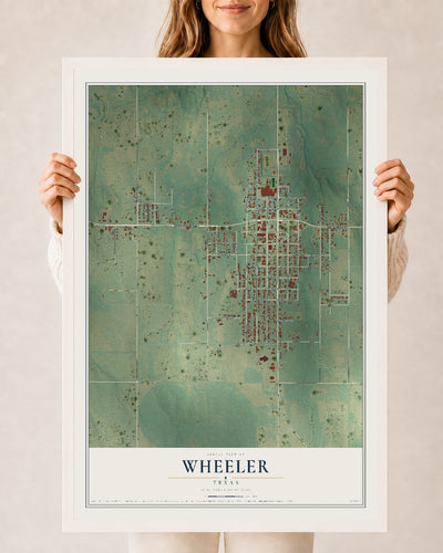 Map of Wheeler, Texas, 24 x 36 inch print in a white wood frame