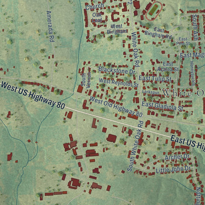 Close-up of the map of White Oak, Texas print showing street and building detail