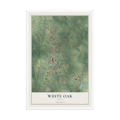 Map of White Oak, Texas, 12 x 18 inch print in a white wood frame
