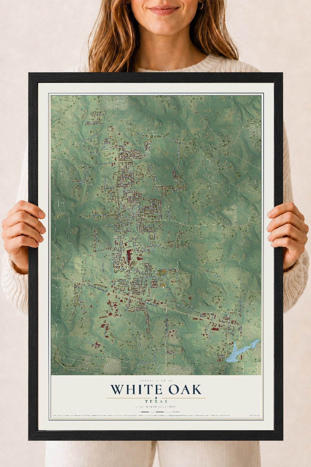 Map of White Oak, Texas, 18 x 24 inch print in a black wood frame