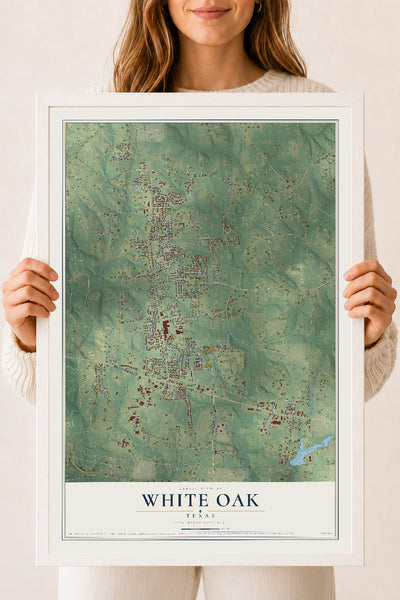 Map of White Oak, Texas, 18 x 24 inch print in a white wood frame