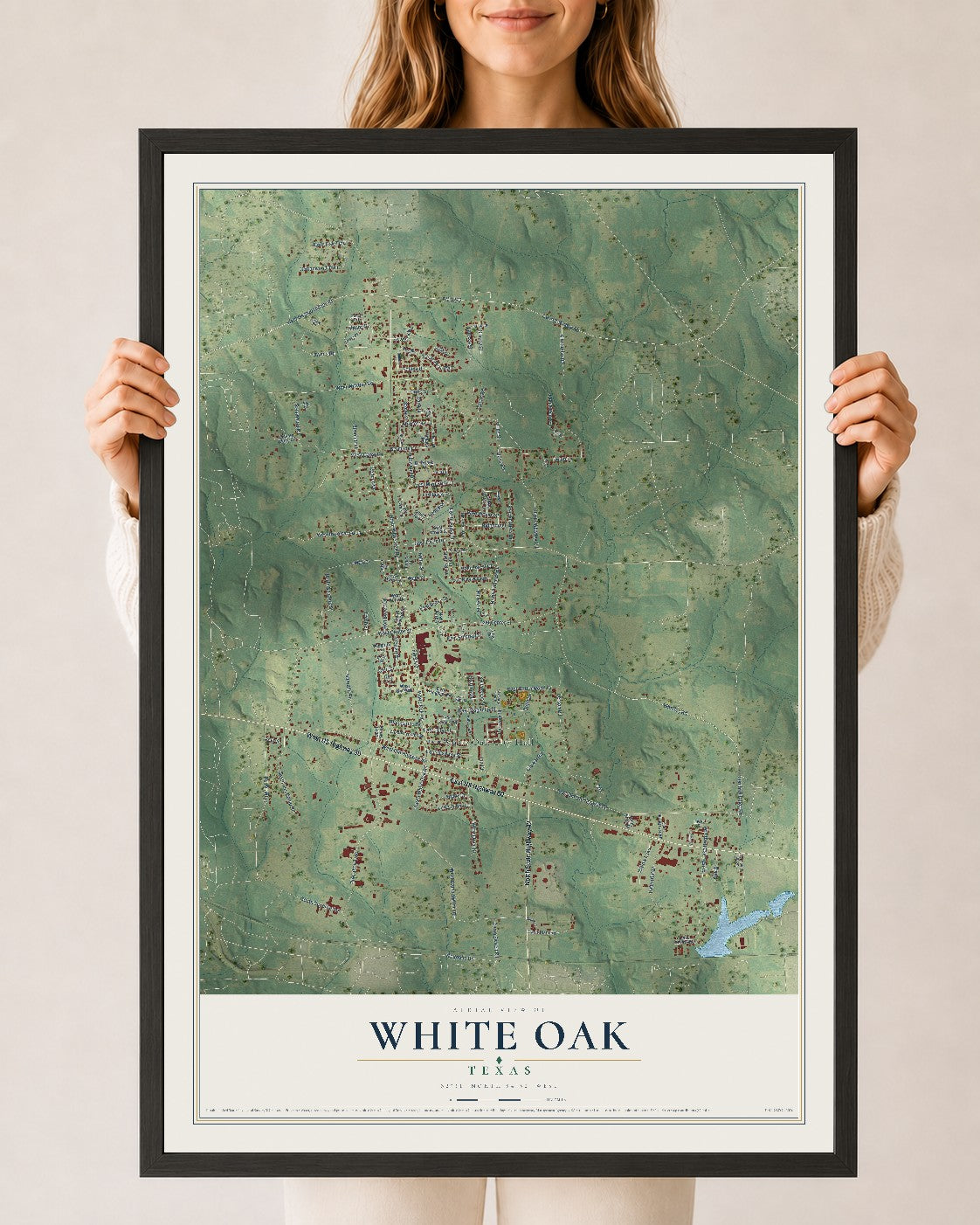 Map of White Oak, Texas, 24 x 36 inch print in a black wood frame