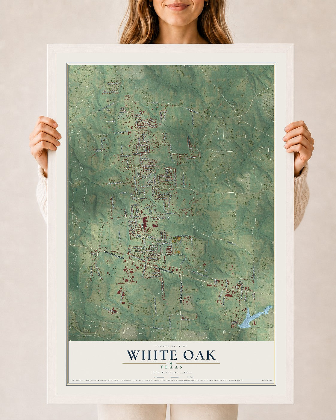 Map of White Oak, Texas, 24 x 36 inch print in a white wood frame
