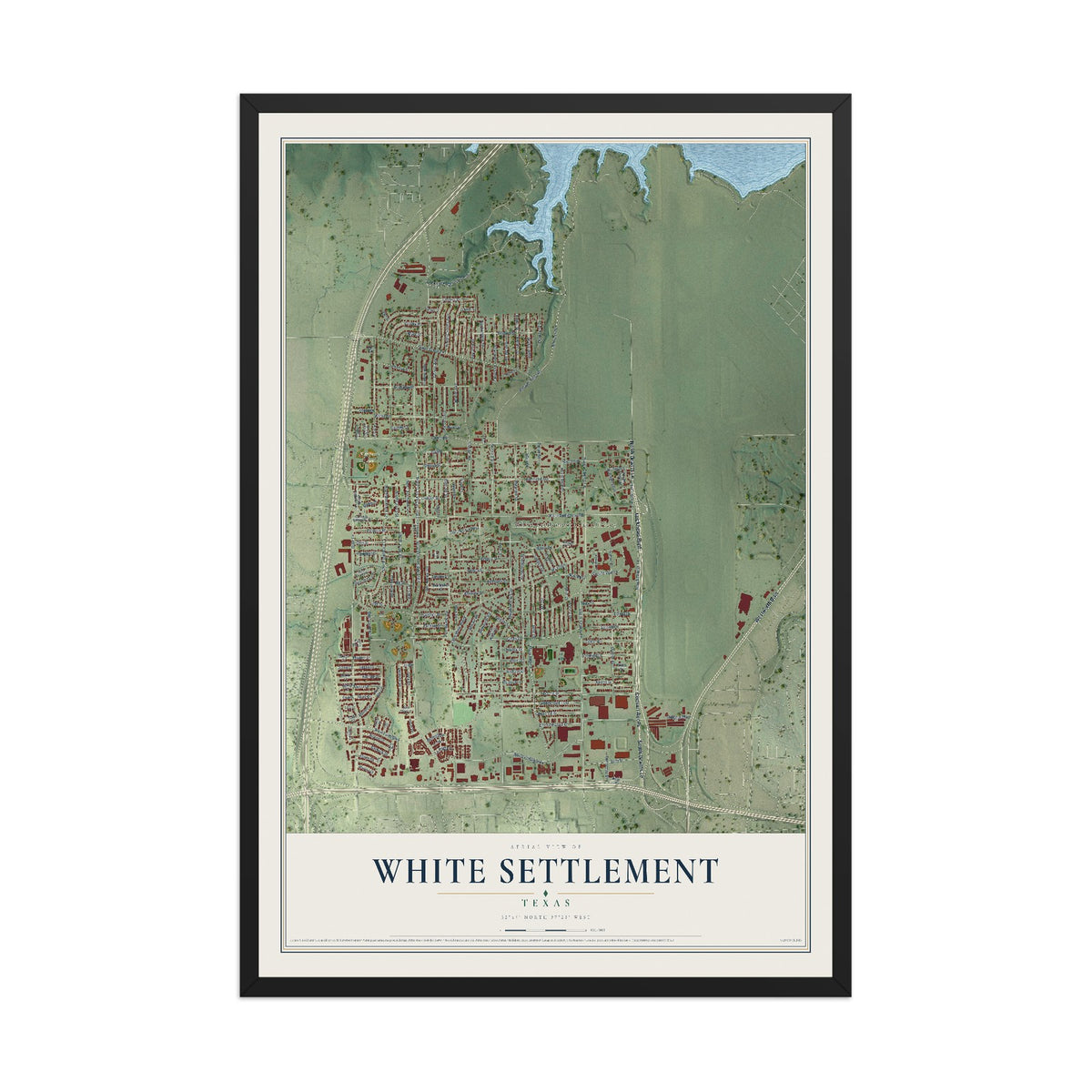 Map of White Settlement, Texas, 12 x 18 inch print in a black wood frame