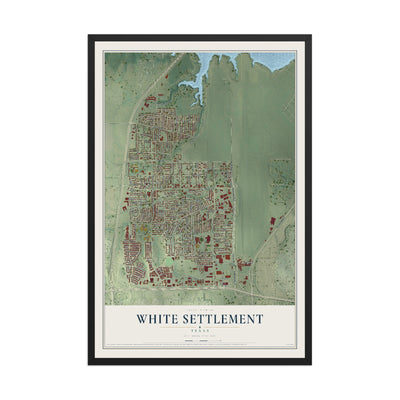 Map of White Settlement, Texas, 12 x 18 inch print in a black wood frame