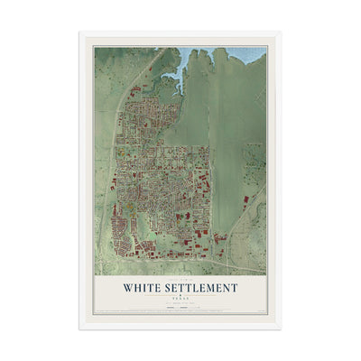 Map of White Settlement, Texas, 12 x 18 inch print in a white wood frame