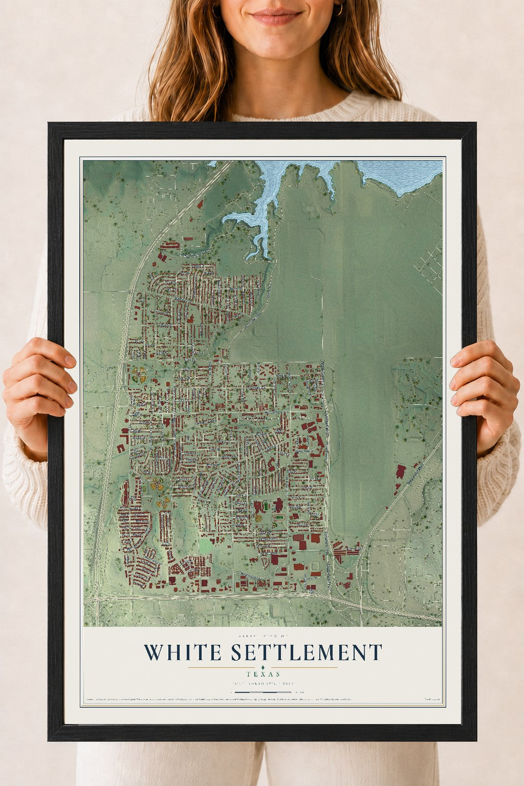 Map of White Settlement, Texas, 18 x 24 inch print in a black wood frame