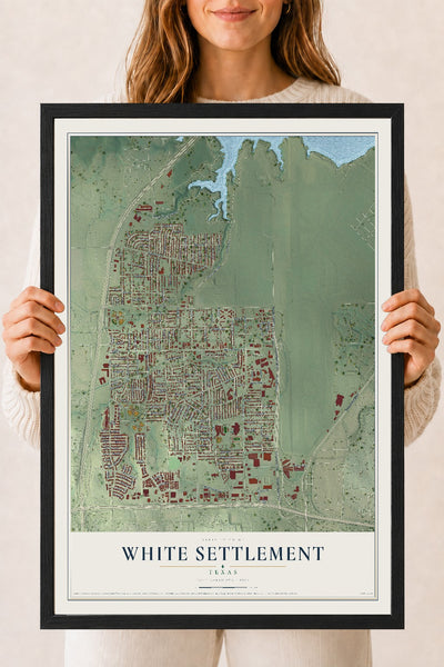 Map of White Settlement, Texas, 18 x 24 inch print in a black wood frame