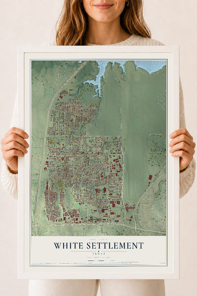 Map of White Settlement, Texas, 18 x 24 inch print in a white wood frame