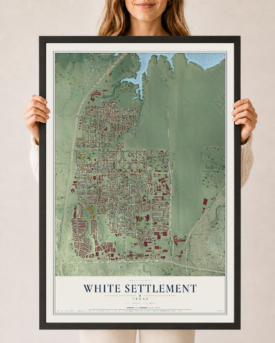 Map of White Settlement, Texas, 24 x 36 inch print in a black wood frame