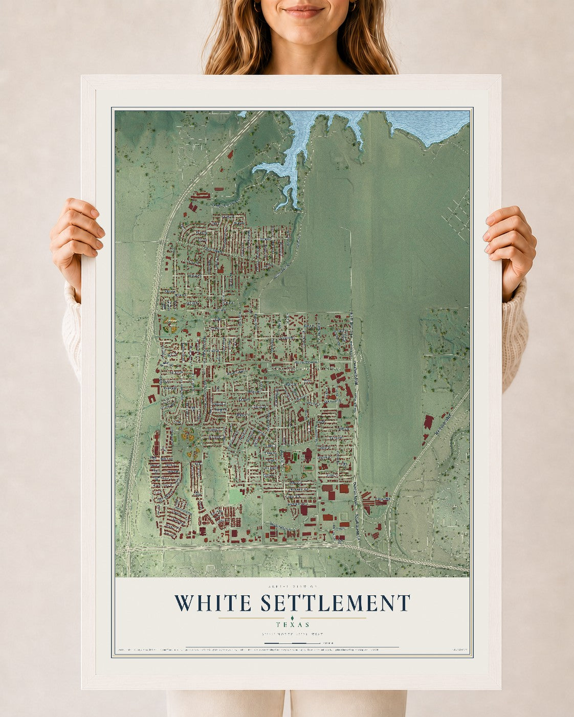 Map of White Settlement, Texas, 24 x 36 inch print in a white wood frame