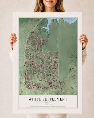 Map of White Settlement, Texas, 24 x 36 inch print in a white wood frame