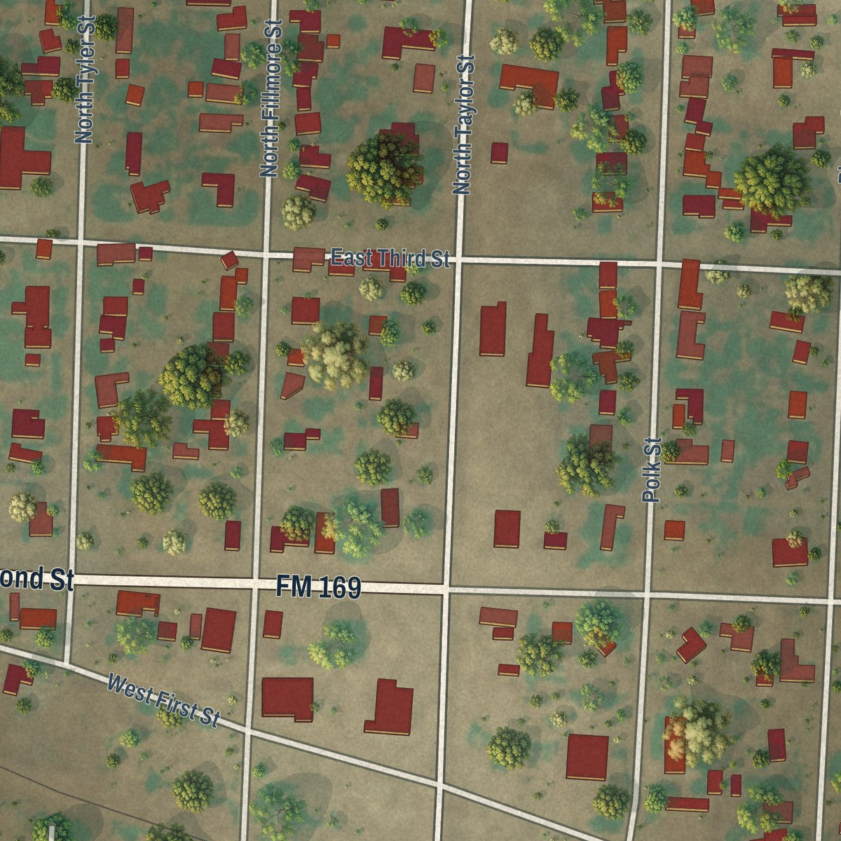 Close-up of the map of Whiteface, Texas print showing street and building detail