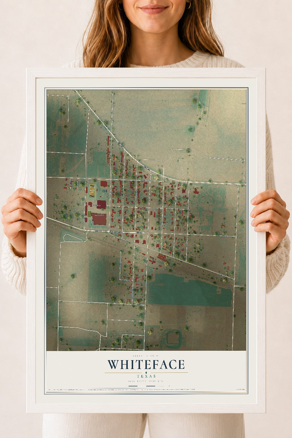 Map of Whiteface, Texas, 18 x 24 inch print in a white wood frame