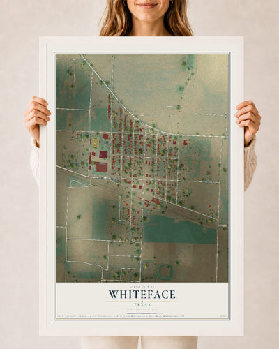 Map of Whiteface, Texas, 24 x 36 inch print in a white wood frame