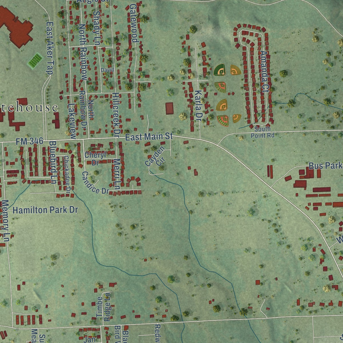 Second close-up of the map of Whitehouse, Texas print showing more streets and buildings