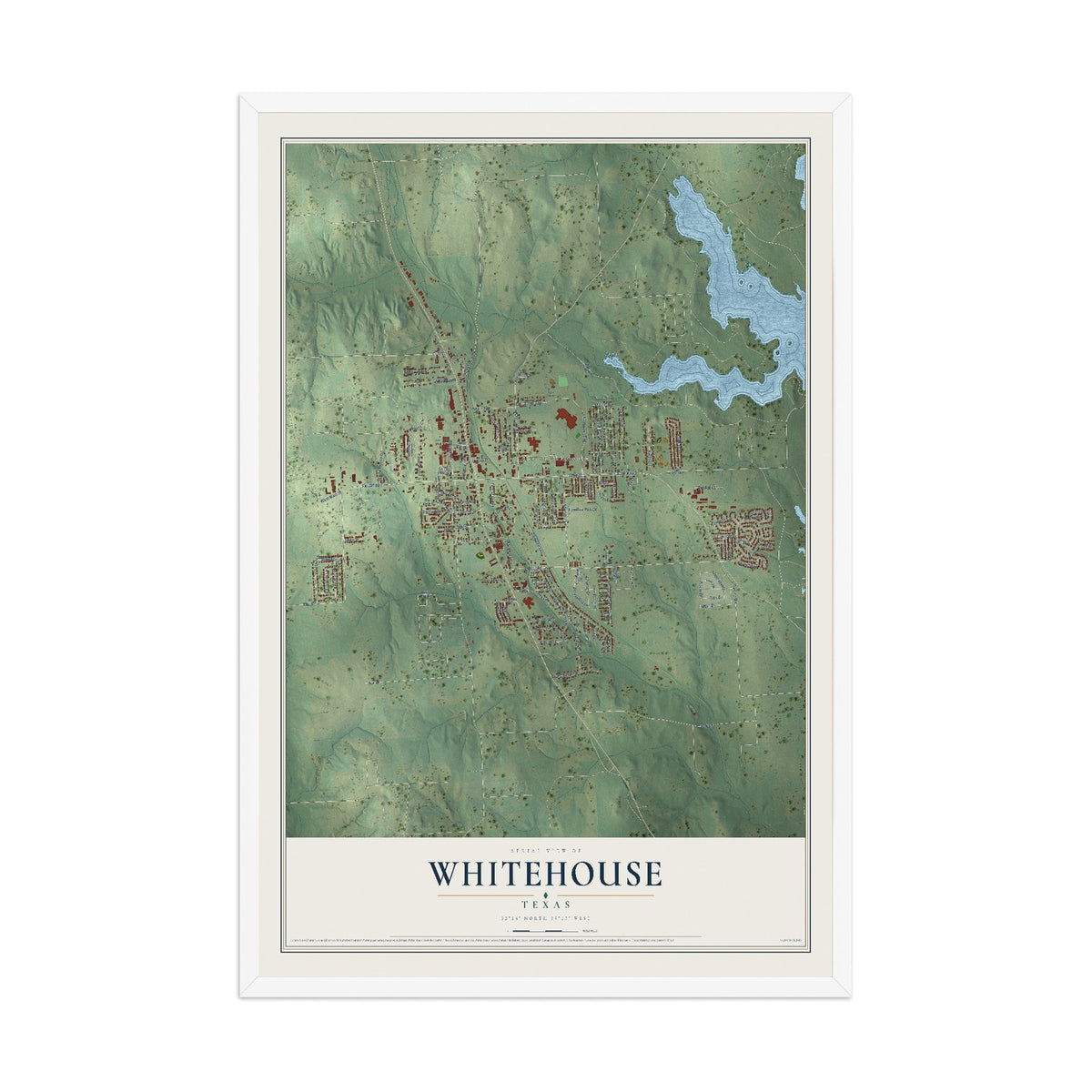 Map of Whitehouse, Texas, 12 x 18 inch print in a white wood frame