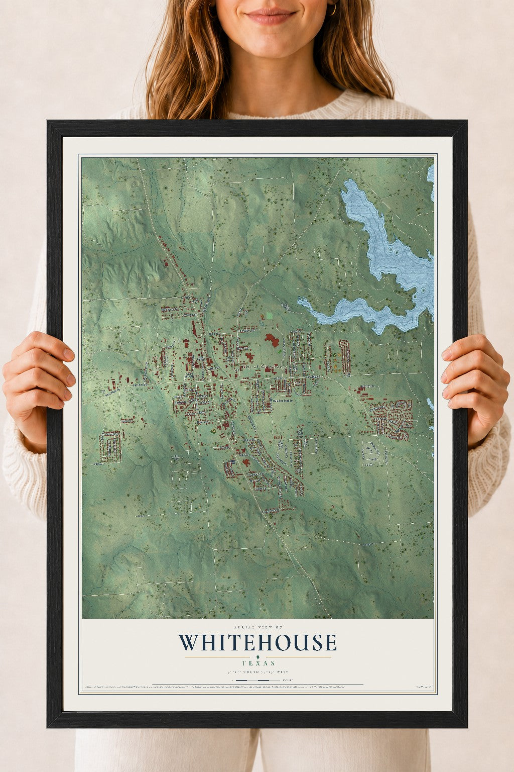 Map of Whitehouse, Texas, 18 x 24 inch print in a black wood frame