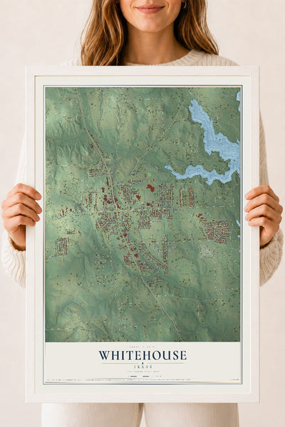 Map of Whitehouse, Texas, 18 x 24 inch print in a white wood frame
