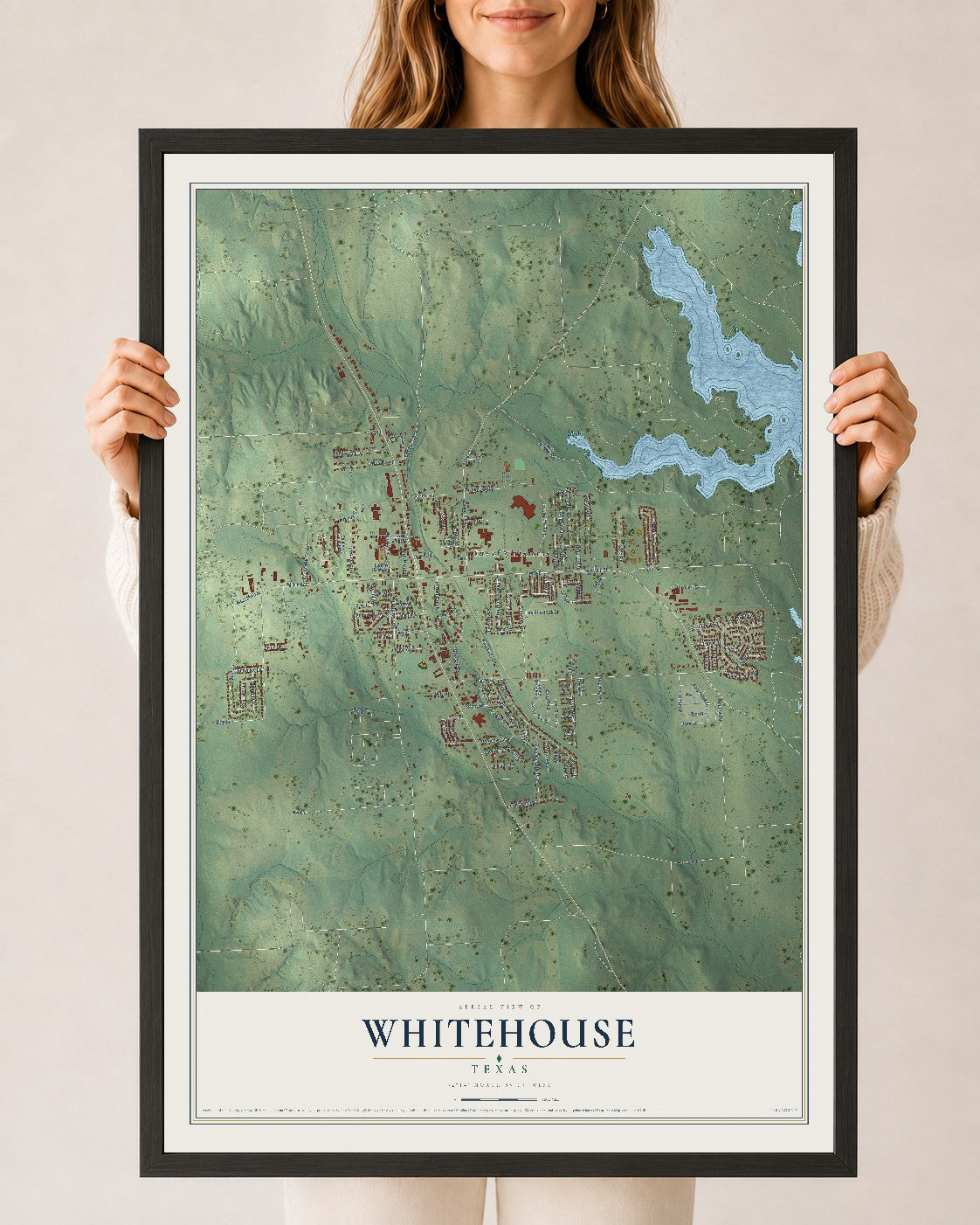 Map of Whitehouse, Texas, 24 x 36 inch print in a black wood frame