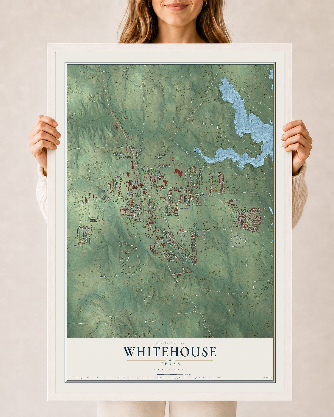 Map of Whitehouse, Texas, 24 x 36 inch print in a white wood frame