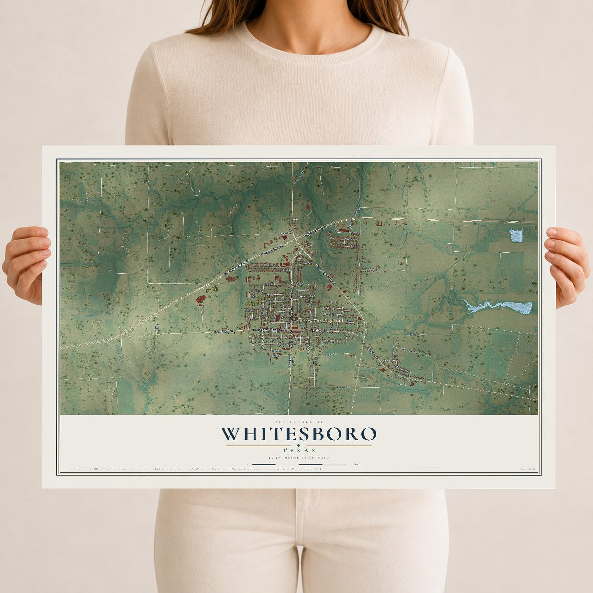 Map of Whitesboro, Texas, 12 x 18 inch unframed archival matte print
