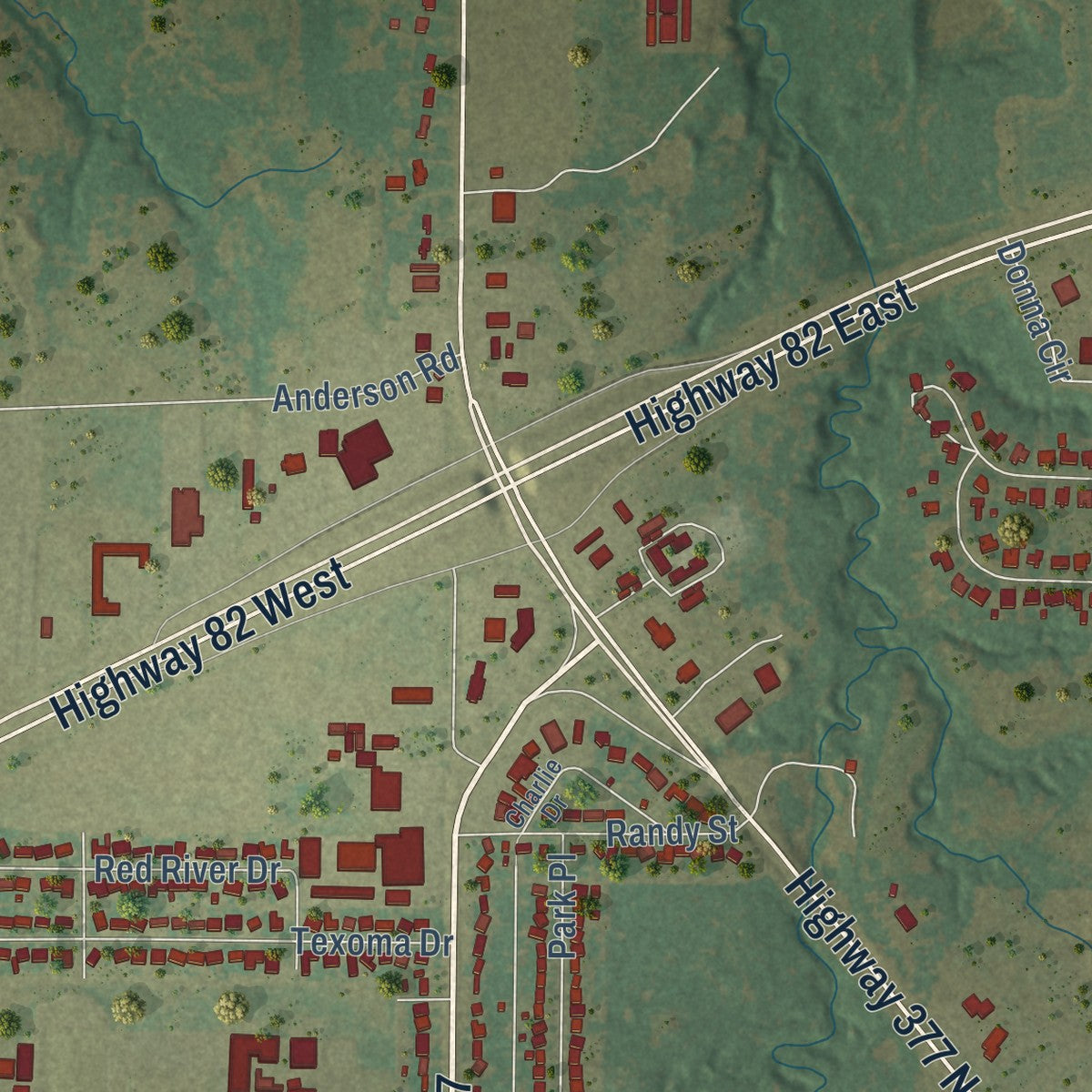 Second close-up of the map of Whitesboro, Texas print showing more streets and buildings