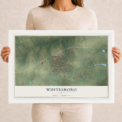 Map of Whitesboro, Texas, 12 x 18 inch print in a white wood frame