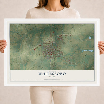 Map of Whitesboro, Texas, 18 x 24 inch print in a white wood frame