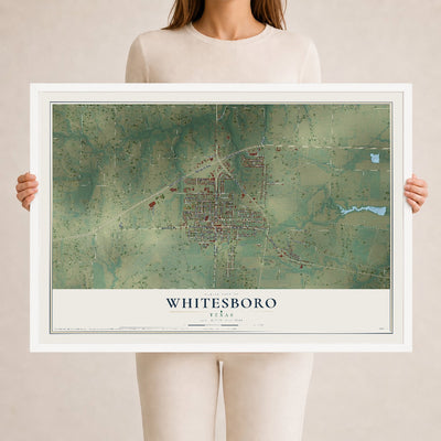 Map of Whitesboro, Texas, 24 x 36 inch print in a white wood frame