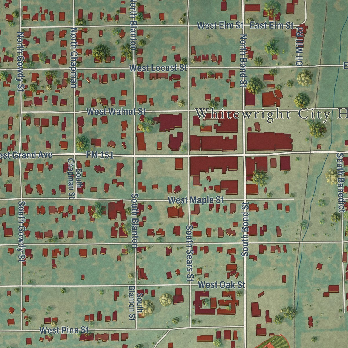 Close-up of the map of Whitewright, Texas print showing street and building detail
