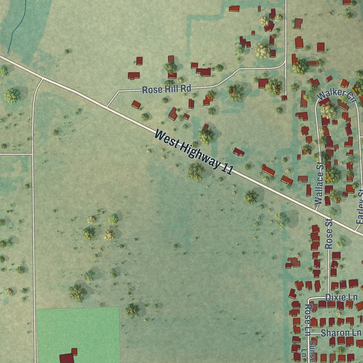 Second close-up of the map of Whitewright, Texas print showing more streets and buildings