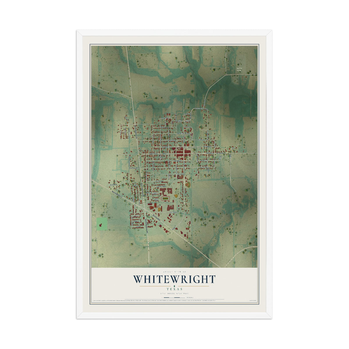 Map of Whitewright, Texas, 12 x 18 inch print in a white wood frame