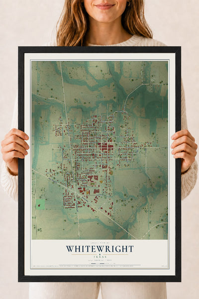 Map of Whitewright, Texas, 18 x 24 inch print in a black wood frame
