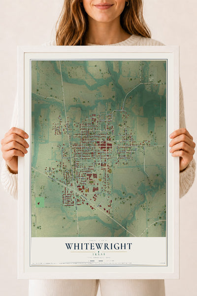 Map of Whitewright, Texas, 18 x 24 inch print in a white wood frame