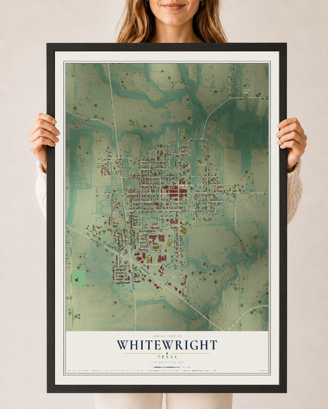 Map of Whitewright, Texas, 24 x 36 inch print in a black wood frame