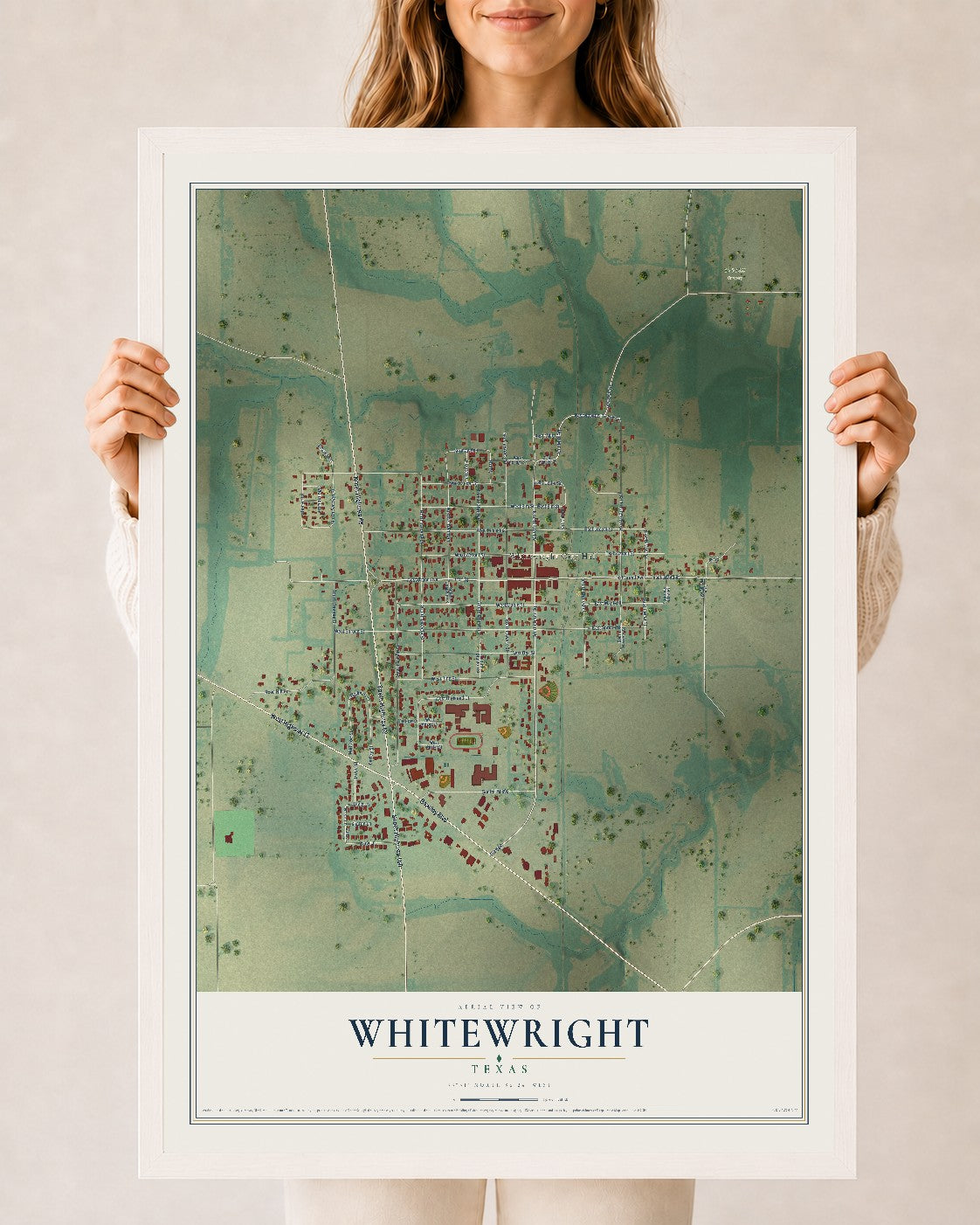 Map of Whitewright, Texas, 24 x 36 inch print in a white wood frame
