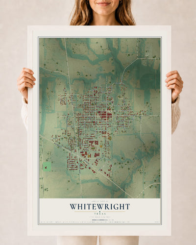 Map of Whitewright, Texas, 24 x 36 inch print in a white wood frame