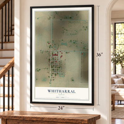 Whitharral, Texas map, 24 x 36 inch print in a black frame by a staircase