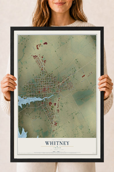 Map of Whitney, Texas, 18 x 24 inch print in a black wood frame