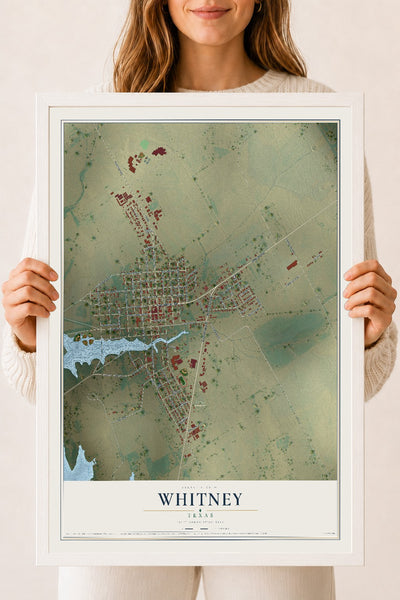Map of Whitney, Texas, 18 x 24 inch print in a white wood frame