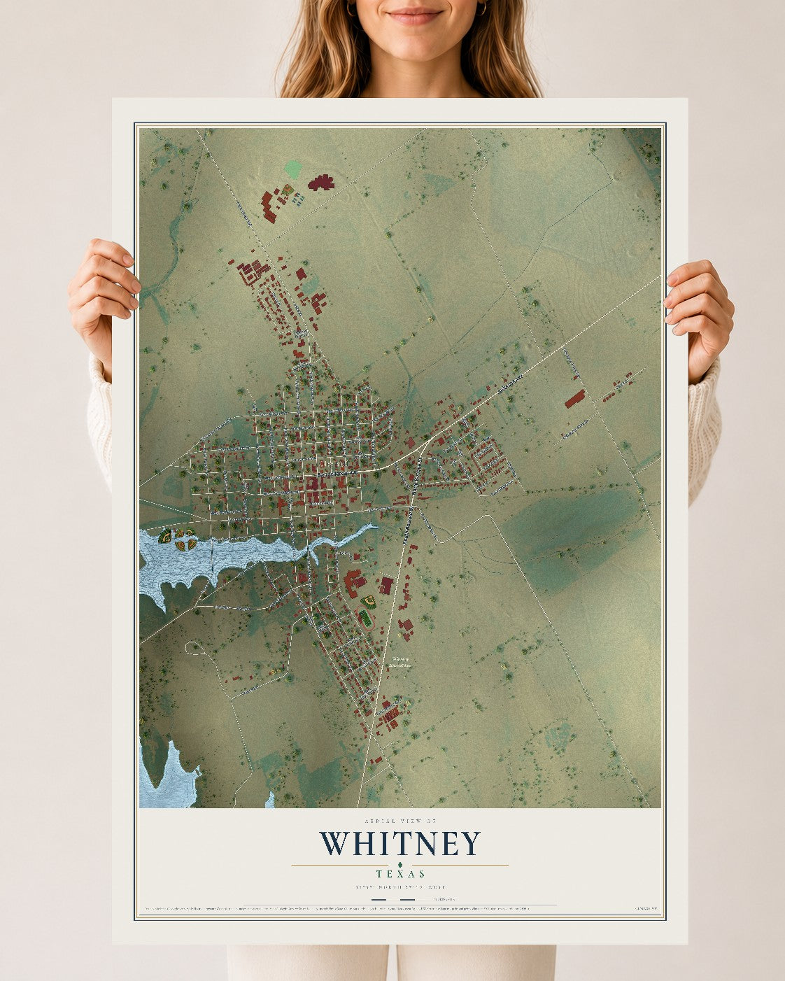 Map of Whitney, Texas, 24 x 36 inch unframed archival matte print