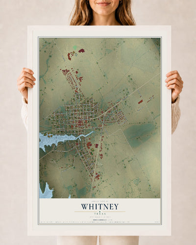 Map of Whitney, Texas, 24 x 36 inch print in a white wood frame
