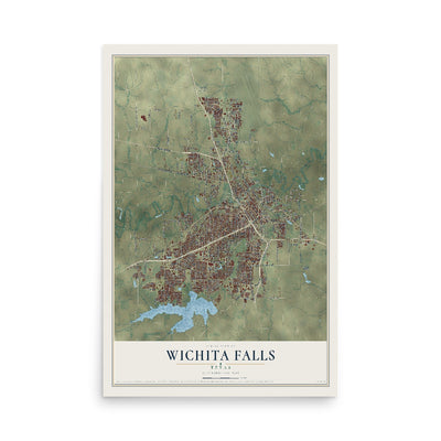 Map of Wichita Falls, Texas, 12 x 18 inch unframed archival matte print
