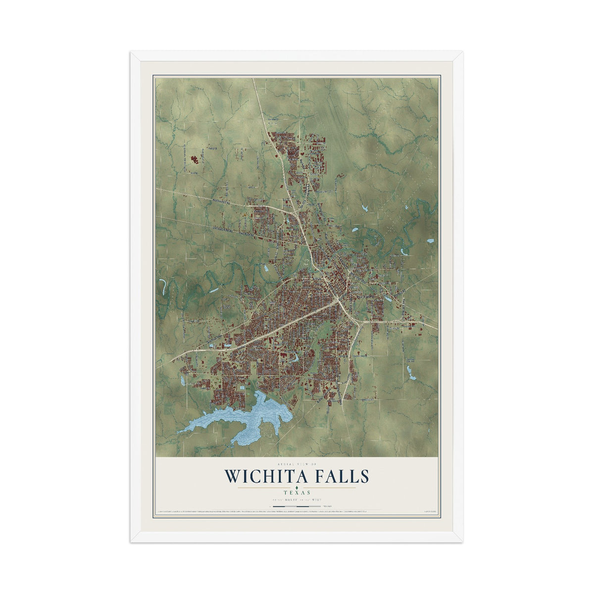 Map of Wichita Falls, Texas, 12 x 18 inch print in a white wood frame