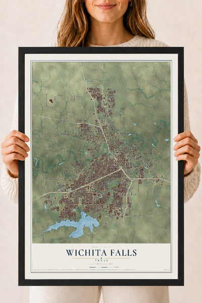 Map of Wichita Falls, Texas, 18 x 24 inch print in a black wood frame