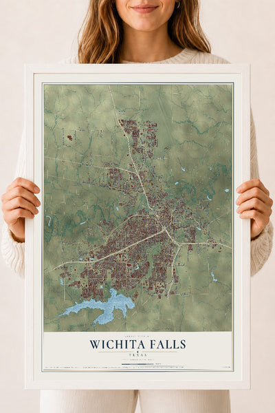 Map of Wichita Falls, Texas, 18 x 24 inch print in a white wood frame
